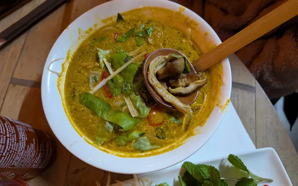 A wide bowl of yellow curry noodle soup with three kinds of mushroom and fresh herbs.